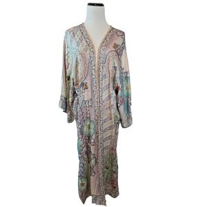 Raj Paisley Floral Open Front Maxi Duster Kimono Cardigan Embroidered Pockets
